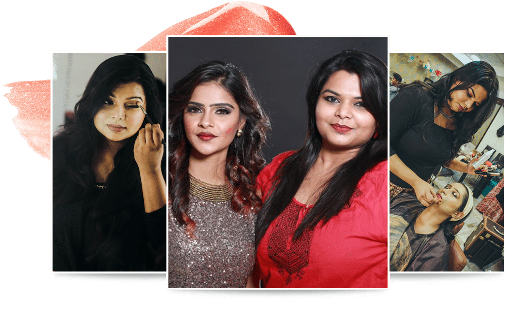 Three photos as a collage showing Vidhu, a model who takes up makeup and another model with a completed makeup